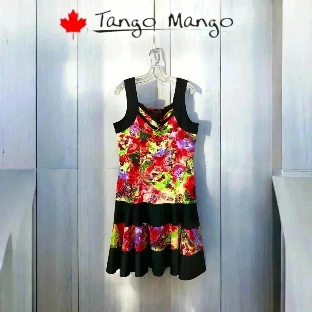 Tango Mango,  Floral Print Cross-Neck Flared Dress, Xl, Black & Red 🌸
